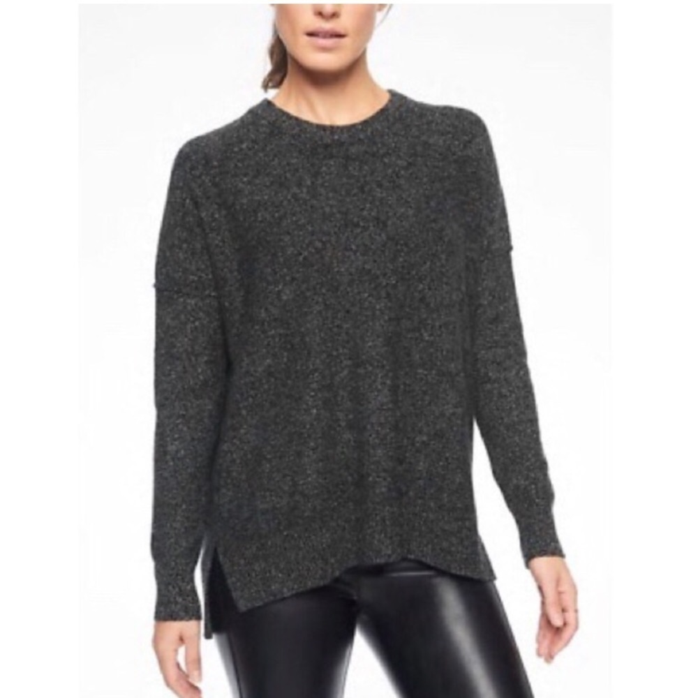 Athleta Perspective Wool Cashmere Crewneck Boxy Knit Sweater Marled Black Size M